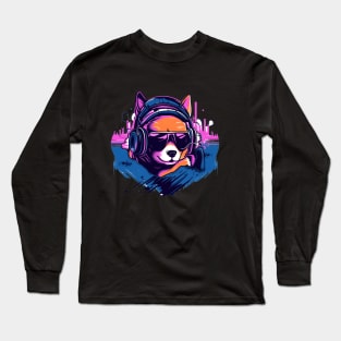 Shiba Inu wears headphones - synth wave style Long Sleeve T-Shirt